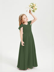 Robe de Demoiselle d'Honneur Junior en Mousseline Délicate Olive Verte