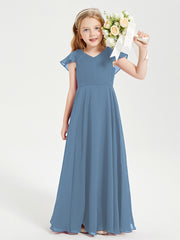 Robe de Demoiselle d'Honneur Junior en Mousseline Délicate Bleu de Schiste