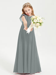 Robe de Demoiselle d'Honneur Junior en Mousseline Délicate Gris Acier