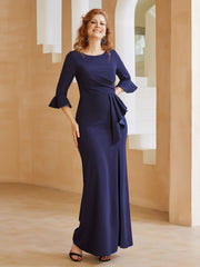Robe Fourreau avec Fente en Crêpe Extensible Longueur au Sol à Col en Scoop Bleu Marine Grande Taille