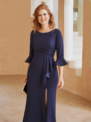 Robe Fourreau avec Fente en Crêpe Extensible Longueur au Sol à Col en Scoop Bleu Marine Grande Taille