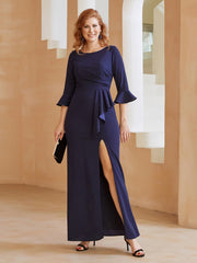 Robe Fourreau avec Fente en Crêpe Extensible Longueur au Sol à Col en Scoop Bleu Marine Grande Taille