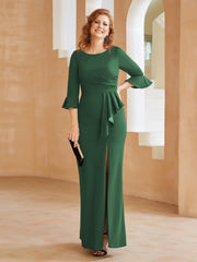 Robe Fourreau avec Fente en Crêpe Extensible Longueur au Sol à Col en Scoop Vert Foncé Grande Taille