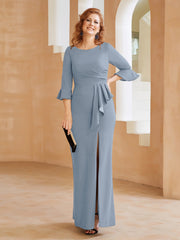 Robe Fourreau avec Fente en Crêpe Extensible Longueur au Sol à Col en Scoop Bleu Poudré Grande Taille