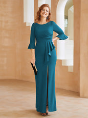 Robe Fourreau avec Fente en Crêpe Extensible Longueur au Sol à Col en Scoop Bleu Encre