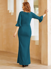 Robe Fourreau avec Fente en Crêpe Extensible Longueur au Sol à Col en Scoop Bleu Encre