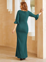 Robe Fourreau avec Fente en Crêpe Extensible Longueur au Sol à Col en Scoop Paon Grande Taille
