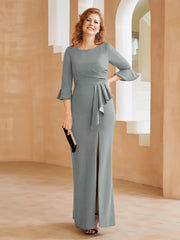 Robe Fourreau avec Fente en Crêpe Extensible Longueur au Sol à Col en Scoop Gris Acier Grande Taille