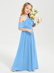 Robes de Demoiselle d'Honneur Junior Longues à Hors de l'Épaule Bleu