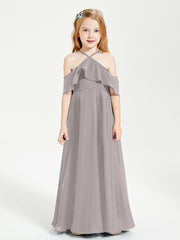 Robes de Demoiselle d'Honneur Junior Longues à Hors de l'Épaule Argent