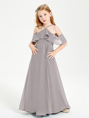 Robes de Demoiselle d'Honneur Junior Longues à Hors de l'Épaule Argent