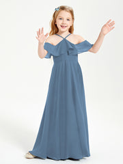 Robes de Demoiselle d'Honneur Junior Longues à Hors de l'Épaule Bleu de Schiste