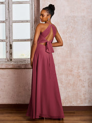 Maxi Robe en Mousseline à Col Licou et Dos Ouvert avec Nœud et Fente Cannelle Rose