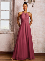 Maxi Robe en Mousseline à Col Licou et Dos Ouvert avec Nœud et Fente Cannelle Rose