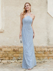 Robe Fourreau en Dentelle Longueur au Sol à Col Licou Bleu Poudré