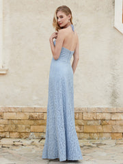 Robe Fourreau en Dentelle Longueur au Sol à Col Licou Bleu Poudré