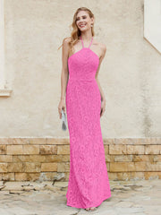 Robe Fourreau en Dentelle Longueur au Sol à Col Licou Azalée