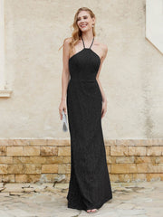 Robe Fourreau en Dentelle Longueur au Sol à Col Licou Noir