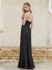 Robe Fourreau en Dentelle Longueur au Sol à Col Licou Noir Grande Taille