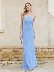 Robe Fourreau en Dentelle Longueur au Sol à Col Licou Bleu Grande Taille