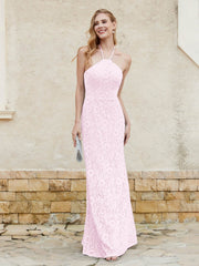 Robe Fourreau en Dentelle Longueur au Sol à Col Licou Rose Pâle Grande Taille