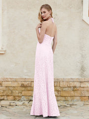 Robe Fourreau en Dentelle Longueur au Sol à Col Licou Rose Pâle