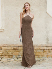 Robe Fourreau en Dentelle Longueur au Sol à Col Licou Brun