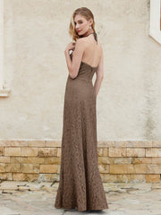 Robe Fourreau en Dentelle Longueur au Sol à Col Licou Brun