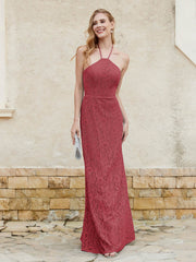 Robe Fourreau en Dentelle Longueur au Sol à Col Licou Bordeaux Grande Taille