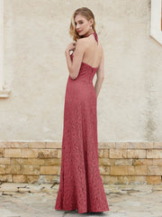 Robe Fourreau en Dentelle Longueur au Sol à Col Licou Bordeaux