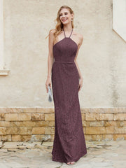 Robe Fourreau en Dentelle Longueur au Sol à Col Licou Cabernet