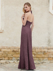 Robe Fourreau en Dentelle Longueur au Sol à Col Licou Cabernet