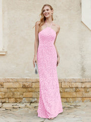 Robe Fourreau en Dentelle Longueur au Sol à Col Licou Rose Bonbon Grande Taille