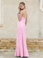 Robe Fourreau en Dentelle Longueur au Sol à Col Licou Rose Bonbon