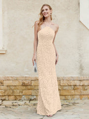Robe Fourreau en Dentelle Longueur au Sol à Col Licou Champagne Grande Taille