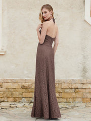 Robe Fourreau en Dentelle Longueur au Sol à Col Licou Chocolat Grande Taille