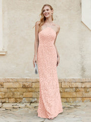 Robe Fourreau en Dentelle Longueur au Sol à Col Licou Corail Grande Taille