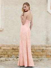 Robe Fourreau en Dentelle Longueur au Sol à Col Licou Corail Grande Taille