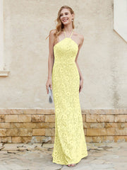 Robe Fourreau en Dentelle Longueur au Sol à Col Licou Jonquille Grande Taille