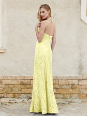 Robe Fourreau en Dentelle Longueur au Sol à Col Licou Jonquille