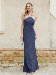 Robe Fourreau en Dentelle Longueur au Sol à Col Licou Bleu Marine