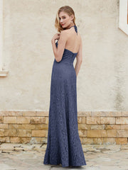 Robe Fourreau en Dentelle Longueur au Sol à Col Licou Bleu Marine Grande Taille