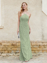 Robe Fourreau en Dentelle Longueur au Sol à Col Licou Sauge Poudrée