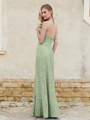 Robe Fourreau en Dentelle Longueur au Sol à Col Licou Sauge Poudrée