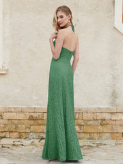 Robe Fourreau en Dentelle Longueur au Sol à Col Licou Emeraude