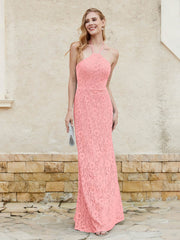 Robe Fourreau en Dentelle Longueur au Sol à Col Licou Flamant