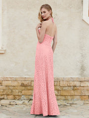 Robe Fourreau en Dentelle Longueur au Sol à Col Licou Flamant Grande Taille