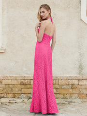 Robe Fourreau en Dentelle Longueur au Sol à Col Licou Fuchsia