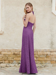Robe Fourreau en Dentelle Longueur au Sol à Col Licou Raisin Grande Taille