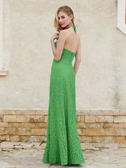 Robe Fourreau en Dentelle Longueur au Sol à Col Licou Vert